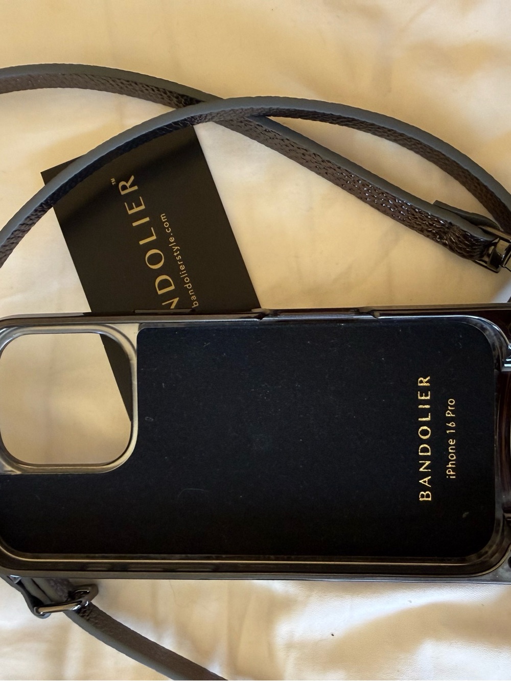 Bandolier Metallic Gray Leather Crossbody Phone Case with Gold Logo Accent - Picture 5 of 7